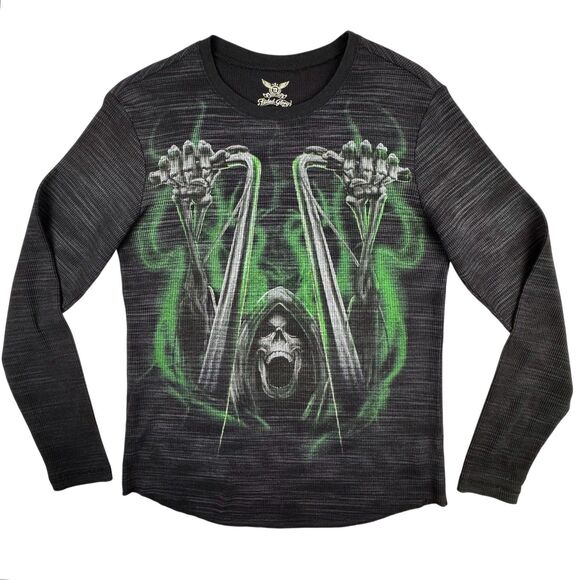 Cyber Skull Men Black Thermal Waffle Knit Shirt L Y2K Grunge Biker Jesse Pinkman - Picture 1 of 13